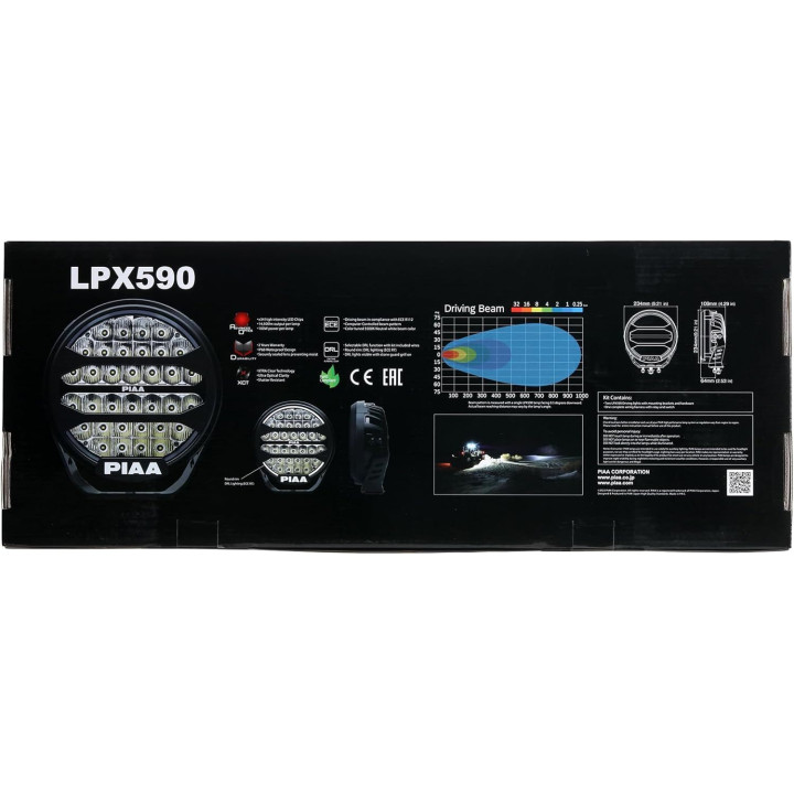PIAA DKX595E Paire de feux LED auxiliaires 23,4cm/ 9" – Lumière blanche 5500K – Longue portée puissante – 4x4 / SUV