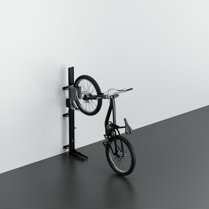Support Vélo Vertical EasyLift Pivotant avec Assistance au Levage et Support de Chargeur E-Bike