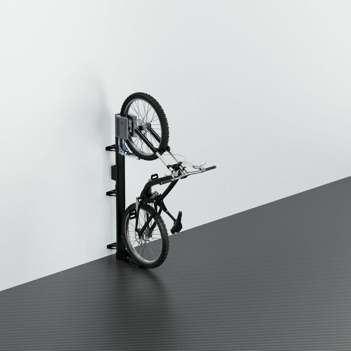 Support Vélo Vertical EasyLift Pivotant avec Assistance au Levage et Support de Chargeur E-Bike