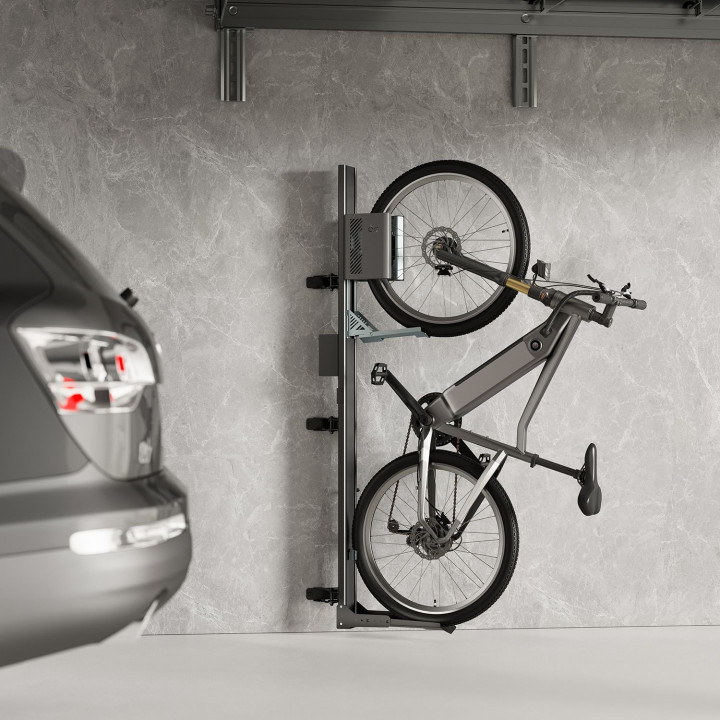 Support Vélo Vertical EasyLift Pivotant avec Assistance au Levage et Support de Chargeur E-Bike